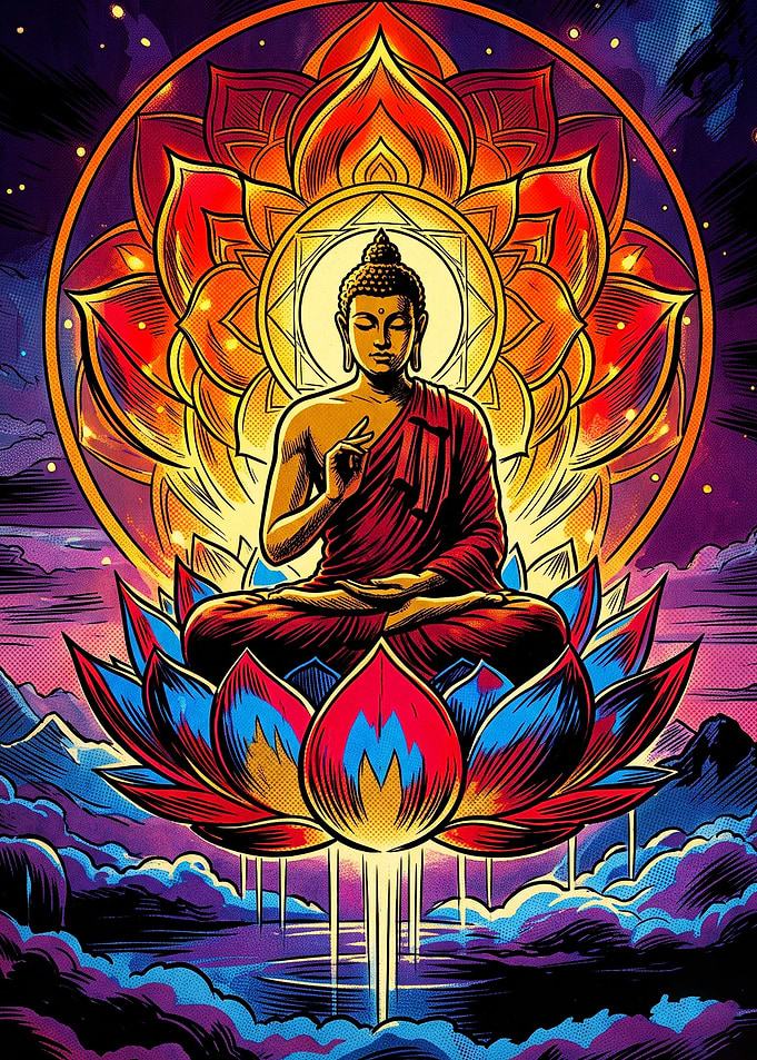 Vibrant Meditating Buddha Lotus Art