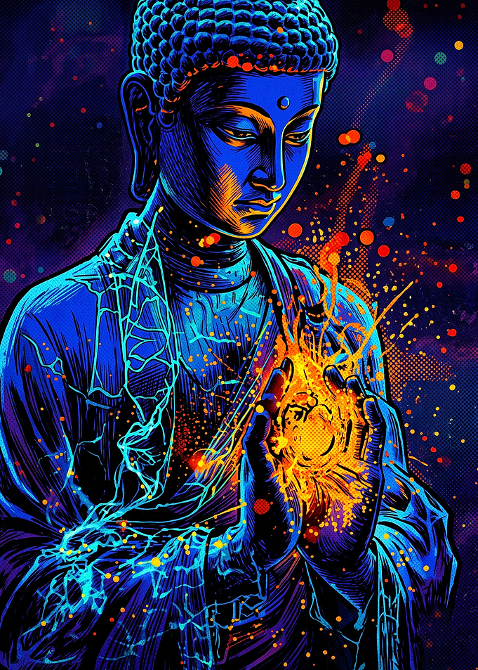 Neon Buddha Holding Glowing Energy