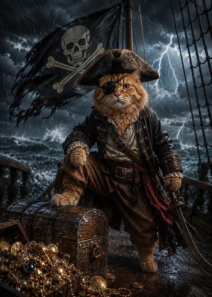 Ginger Cat Pirate Captain on Deck