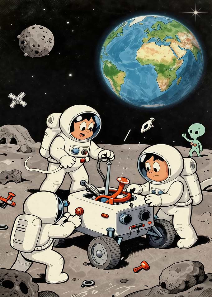 Cartoon Astronauts Repairing Lunar Rover