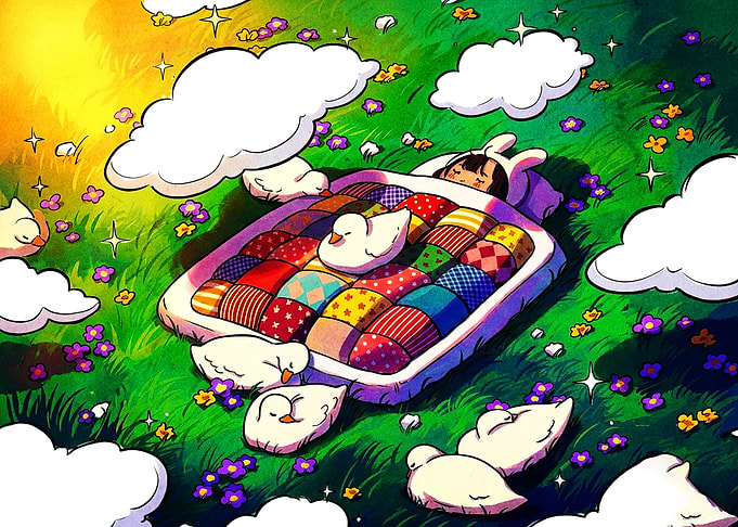 Girl Sleeping with Ducks in Meadow