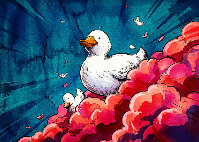 Whimsical Ducks on Pink Clouds