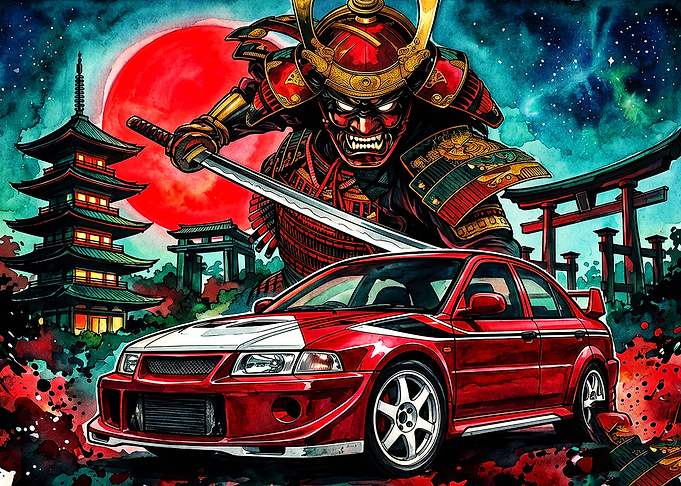 Samurai Warrior and Red Sports Car