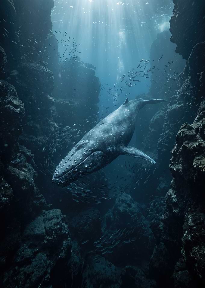 Humpback Whale Swimming Through Underwater Canyon