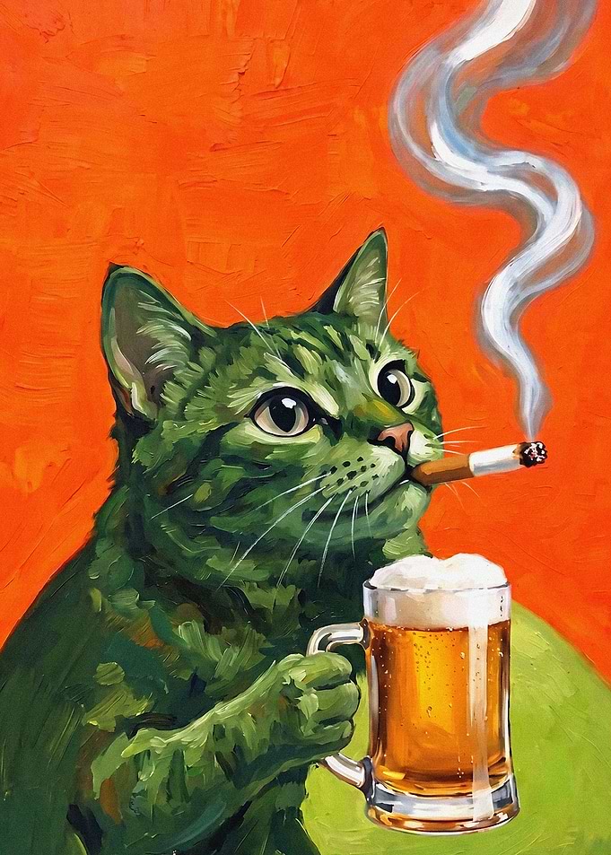 Green Cat Drinking Beer and Smoking