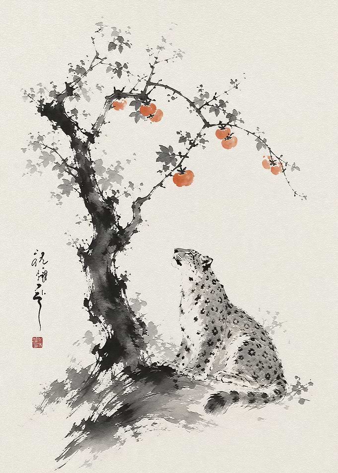 Snow Leopard Under Persimmon Tree