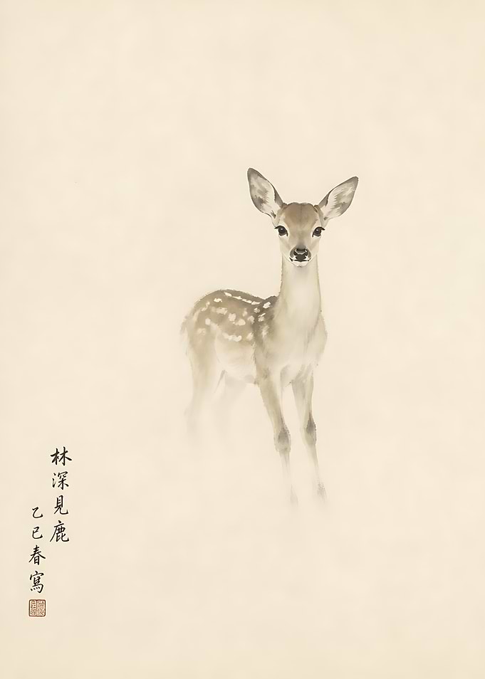 Minimalist Ink Wash Painting of Fawn