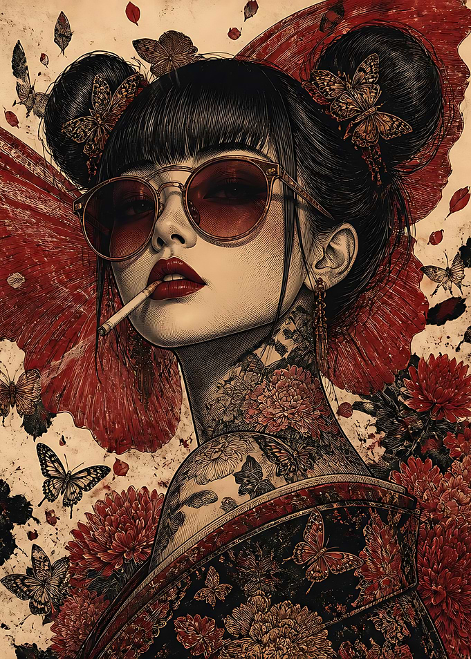 Stylish Geisha with Butterfly Tattoos
