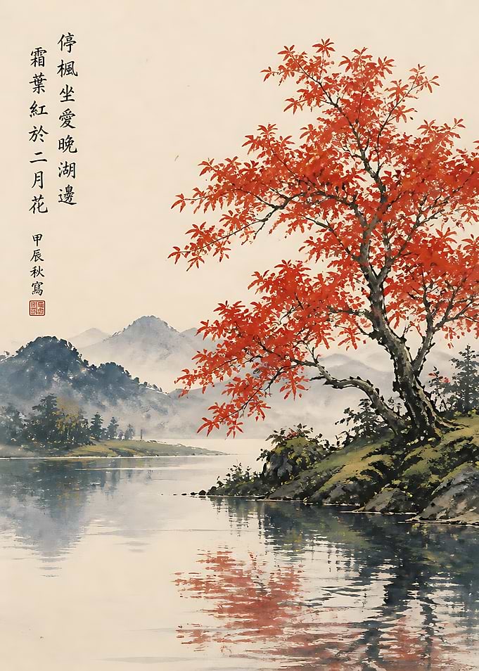 Traditional Chinese Landscape Painting with Maple