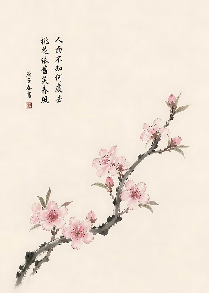 Traditional Chinese Peach Blossom Ink Painting