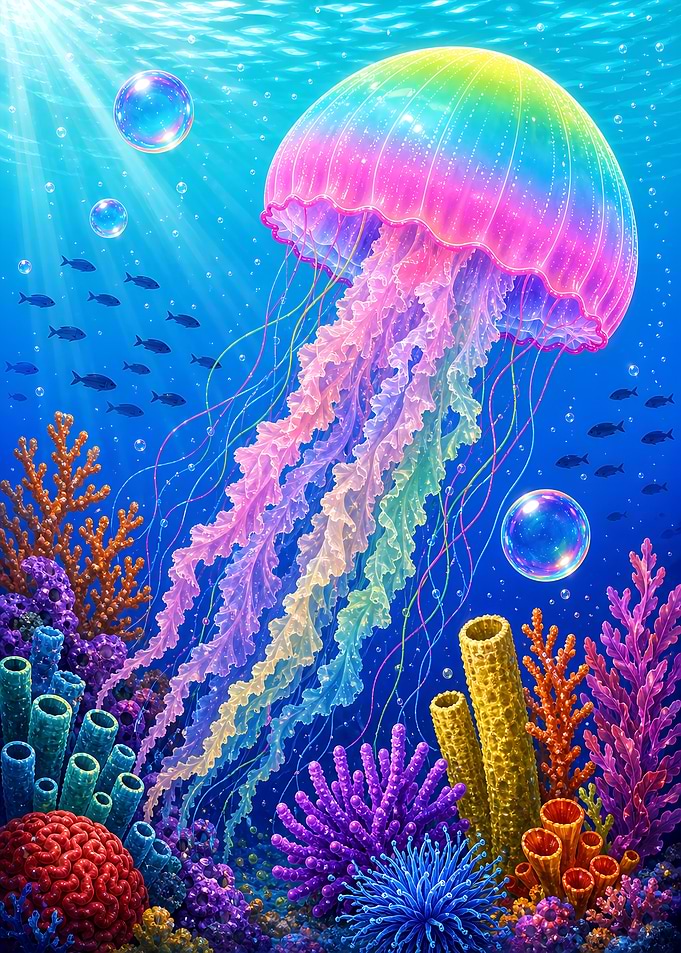 Vibrant Rainbow Jellyfish in Coral Reef