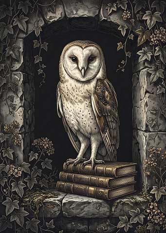 Barn Owl Perched on Ancient Books