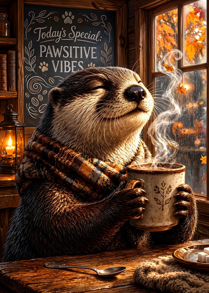 Cozy Otter Enjoying Warm Coffee