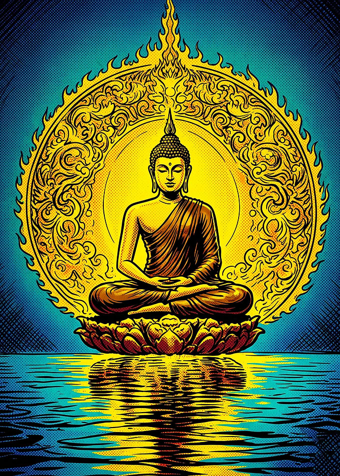 Golden Buddha Meditating on Lotus
