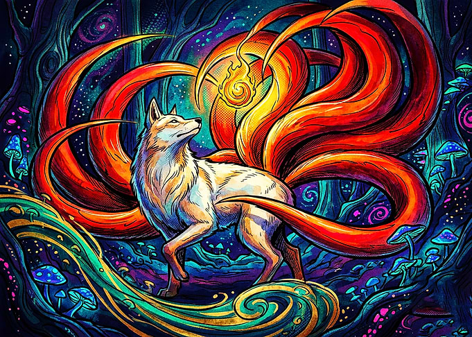Nine-Tailed Fox in Enchanted Forest