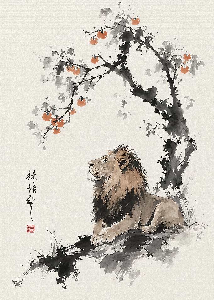 Lion Resting Under Persimmon Tree