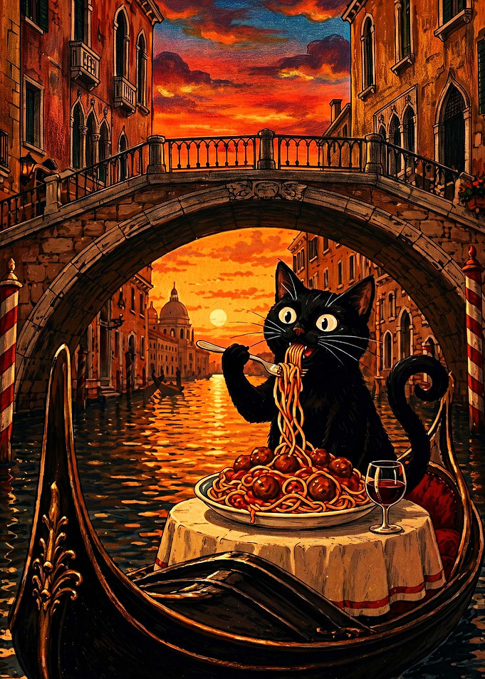 Black Cat Eating Spaghetti in Venice