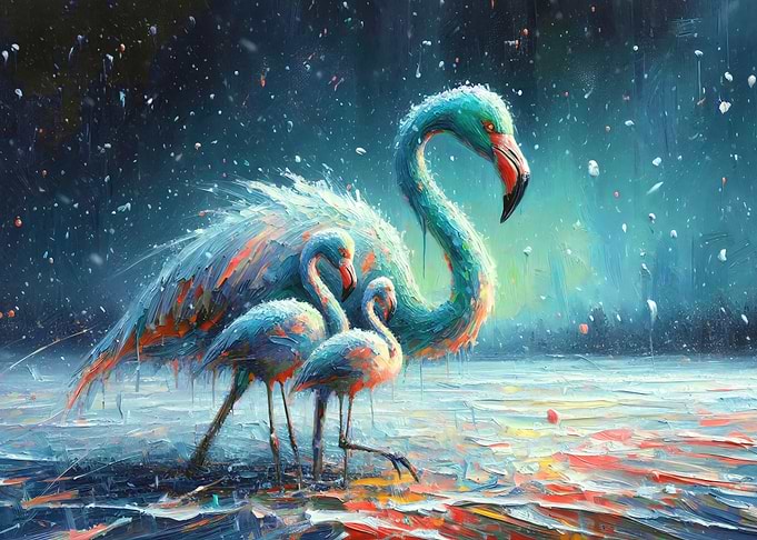 Abstract Painted Flamingos in Snow