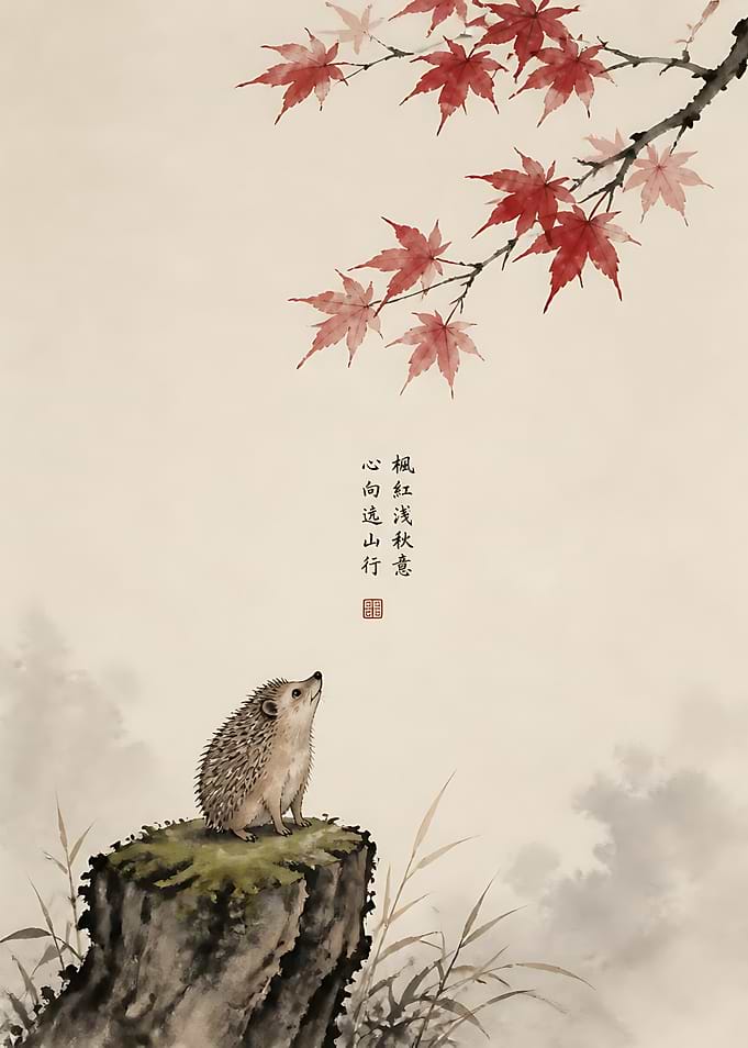 Hedgehog Watching Autumn Maple Leaves