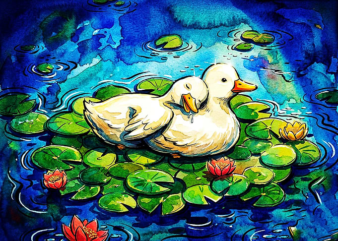 Two Cute Ducks Resting on Lilies