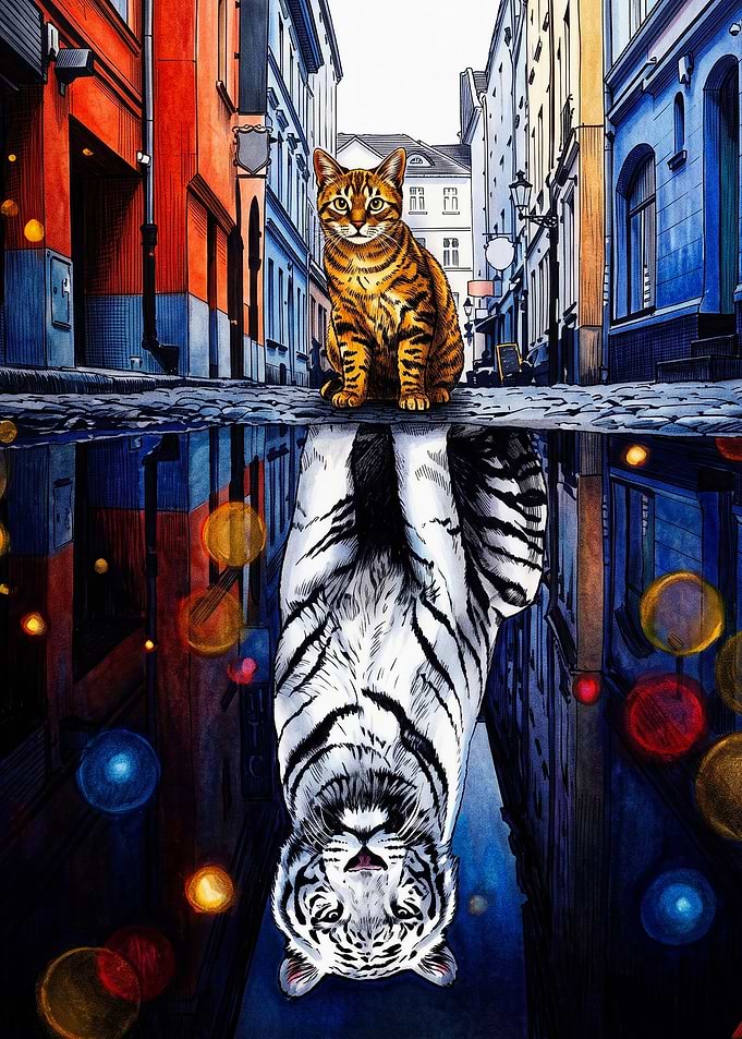Cat and Tiger Reflection Illustration