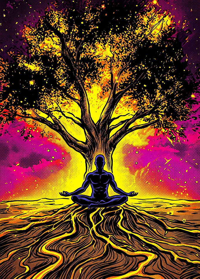 Meditating Figure Under Glowing Tree