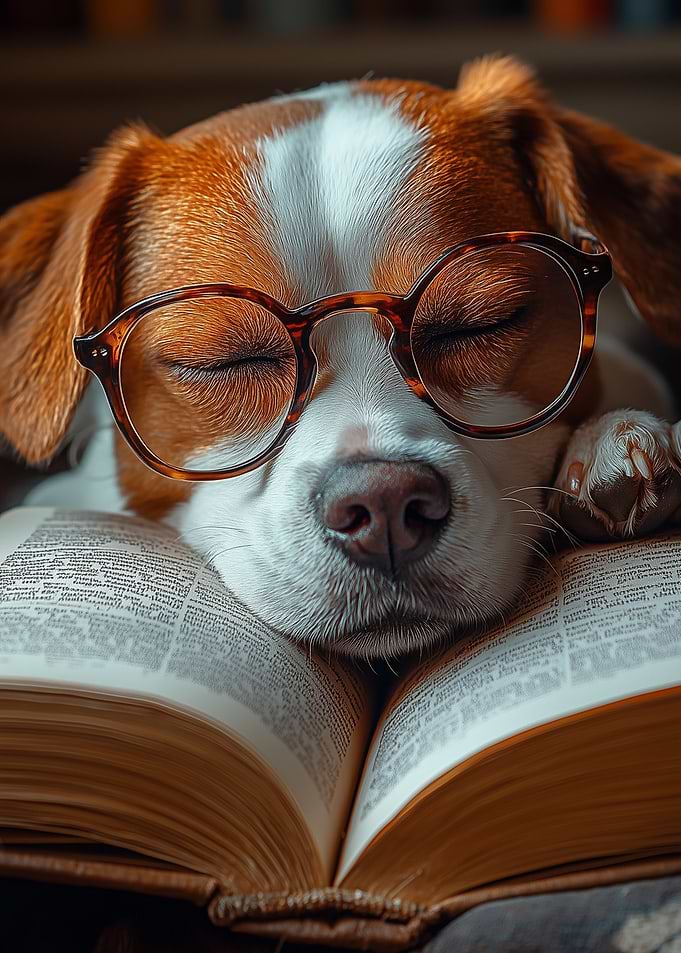 Sleeping Puppy Reading a Book
