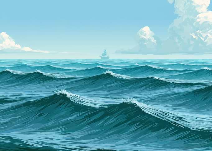 Distant Ship on Rolling Ocean Waves