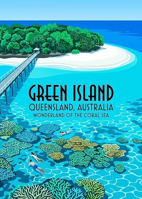 Green Island Queensland Travel Poster — retro travel art printed on metal