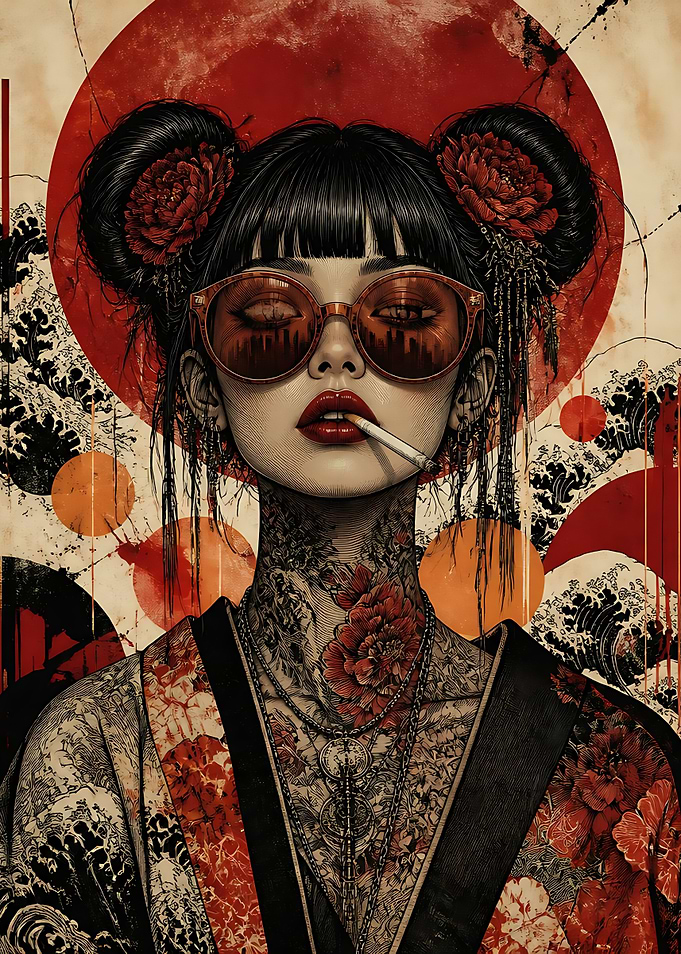 Stylish Geisha with Tattoos and Cigarette