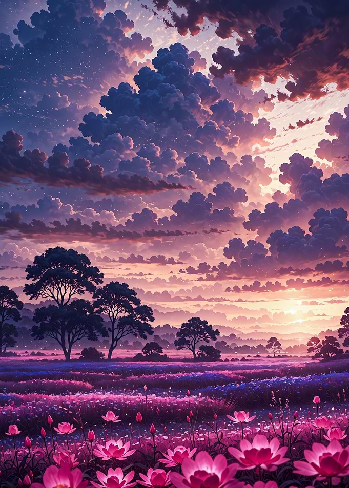 Dreamy Pink Sunset Flower Field Landscape