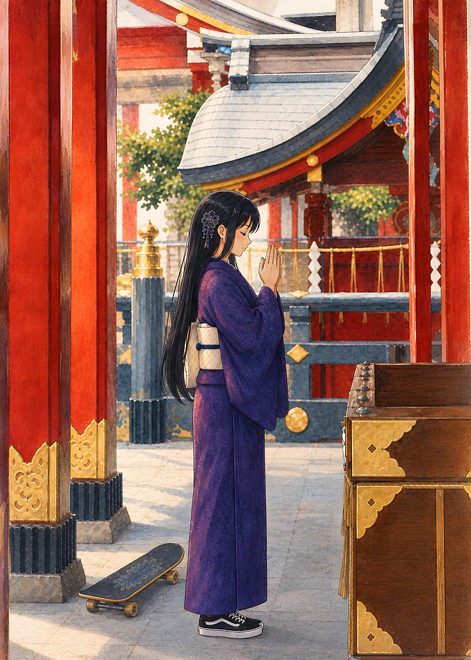 Girl in Kimono Praying at Shrine