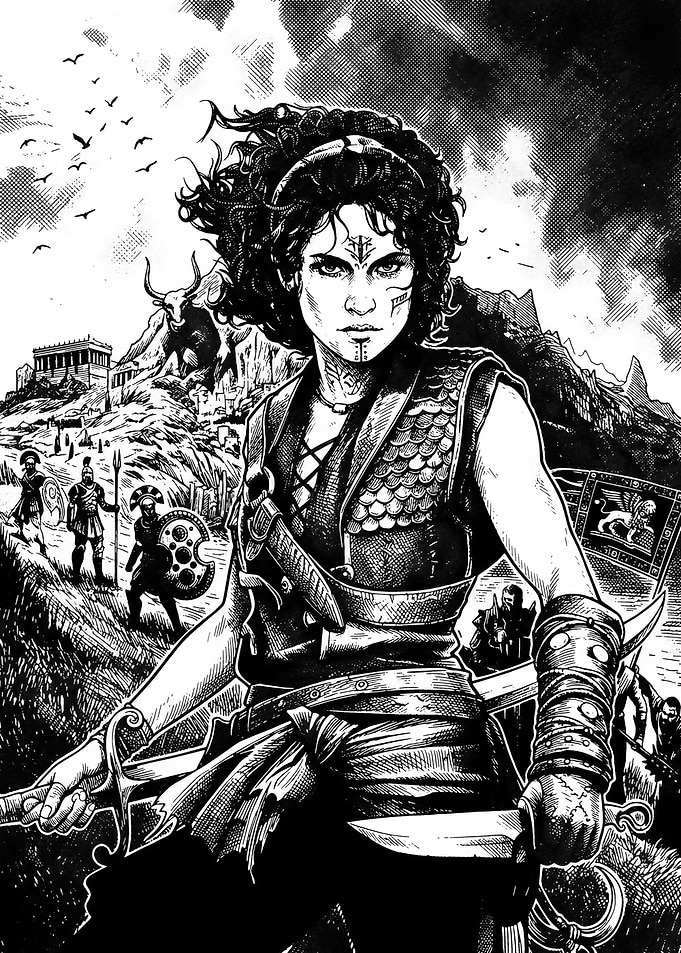 Warrior Woman in Ancient Battle Scene