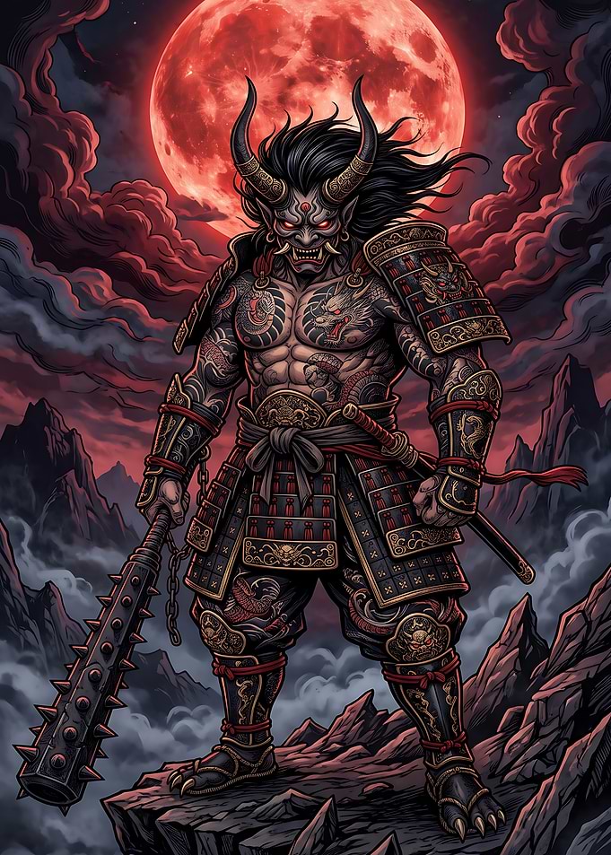 Oni Samurai Warrior Under Red Moon