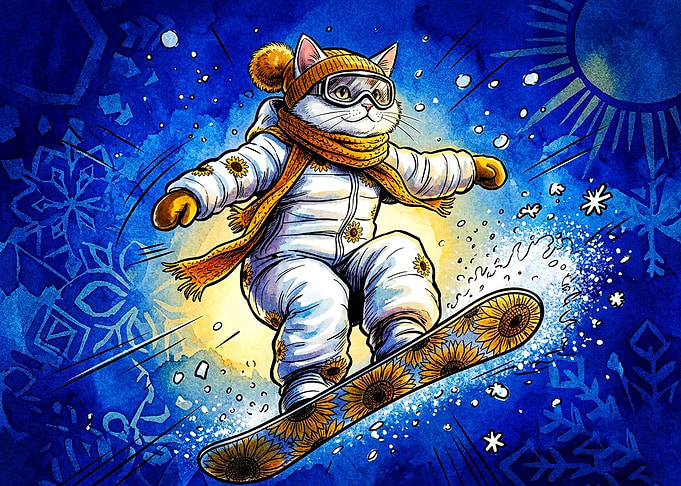 Snowboarding Cat with Sunflower Pattern