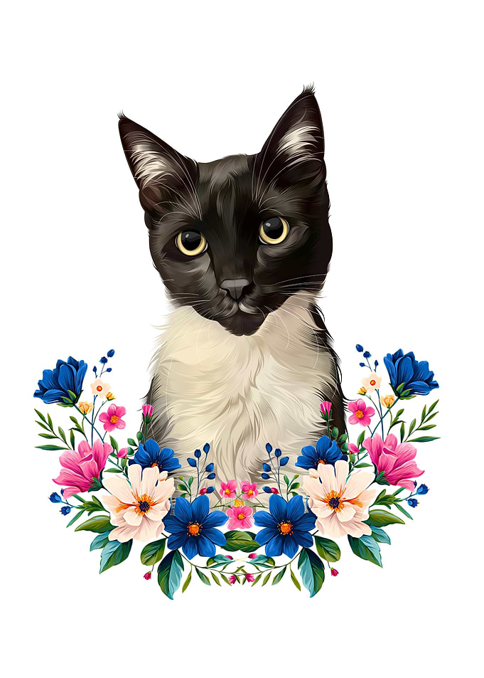 Black and White Cat Floral Portrait