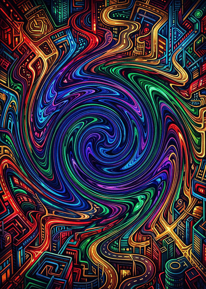 Psychedelic Swirling Neon Cityscape