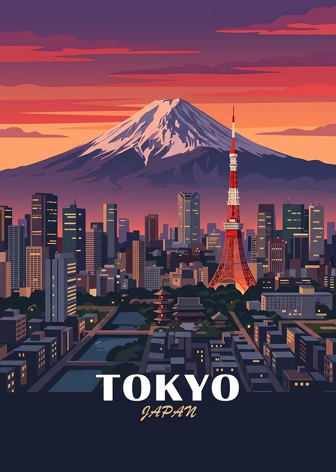 Tokyo Cityscape with Mount Fuji Poster