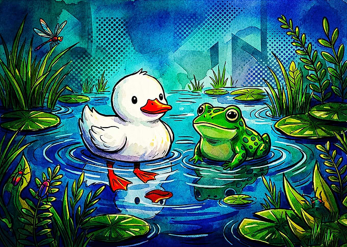 Cute Duck and Frog in Pond