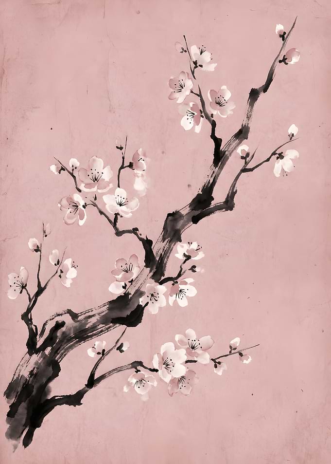 Traditional Ink Wash Cherry Blossom Branch