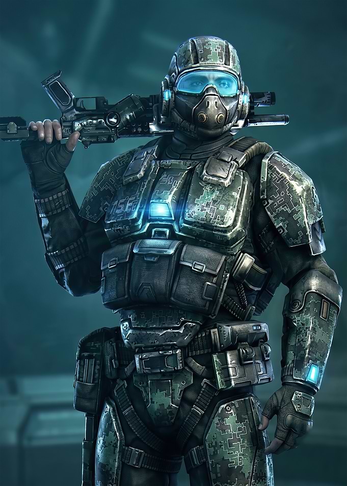 Futuristic Soldier in Digital Camouflage Armor