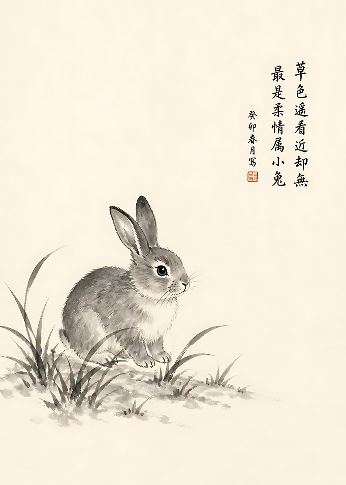 Traditional Ink Wash Painting of Rabbit