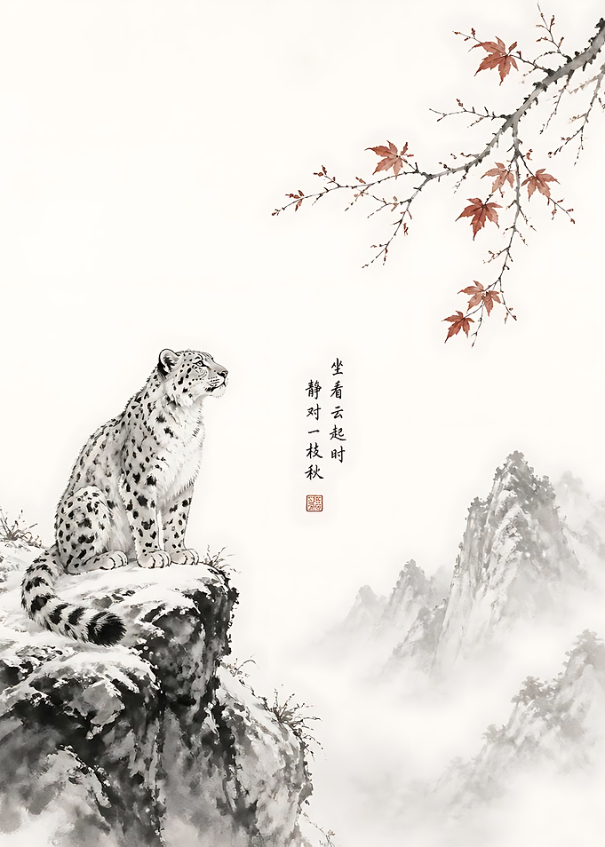 Snow Leopard in Traditional Ink Wash