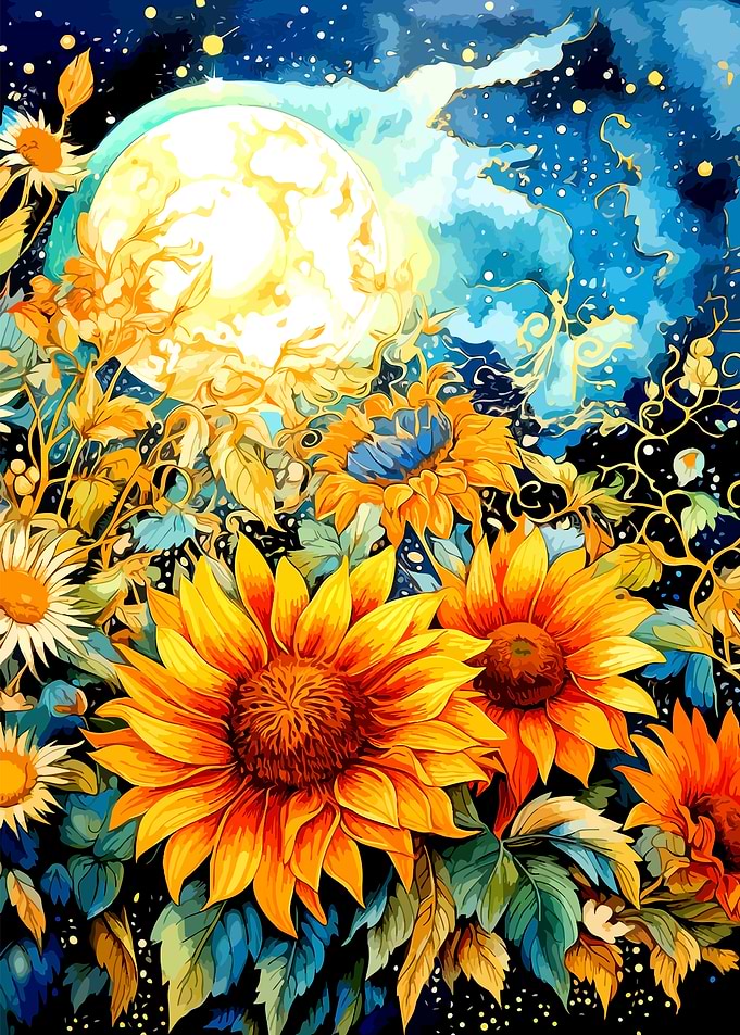 Sunflowers Under a Glowing Moon
