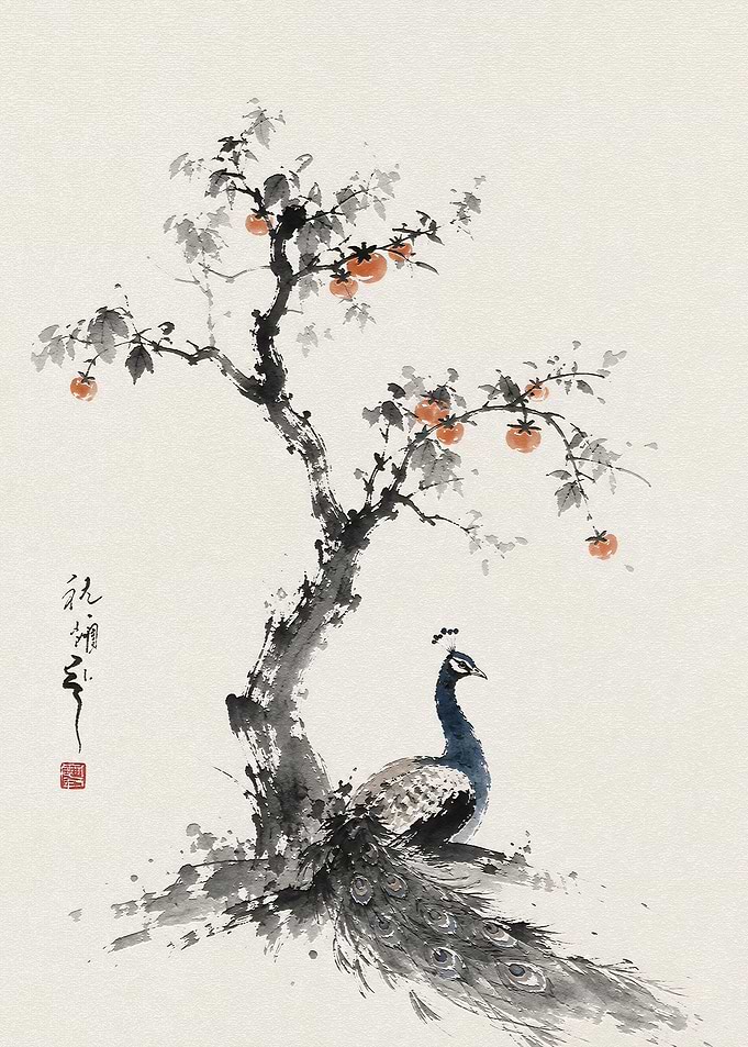 Peacock Under Persimmon Tree Ink Painting