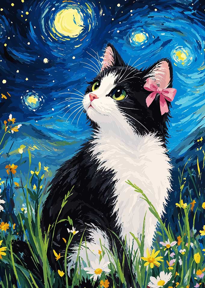 Cat in Starry Night Meadow