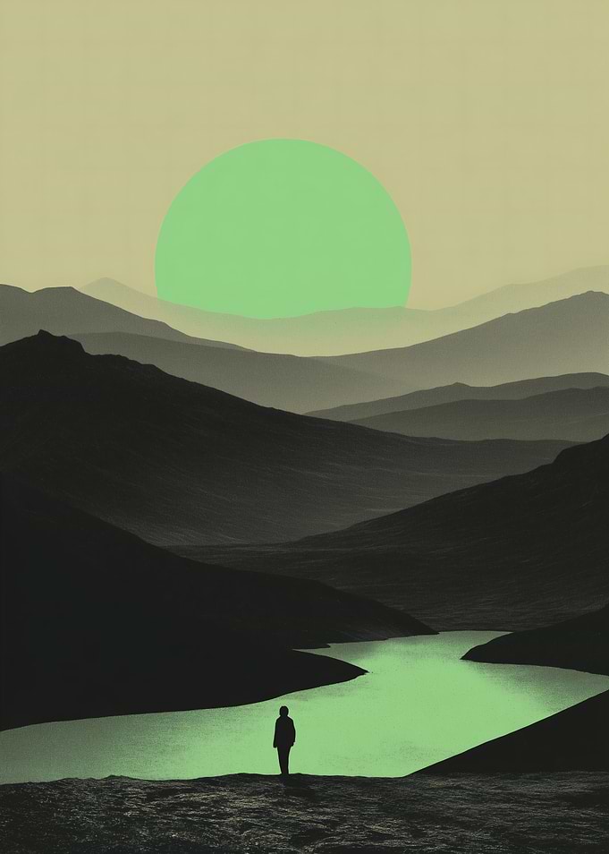 Lone Figure by a Green Mountain Lake