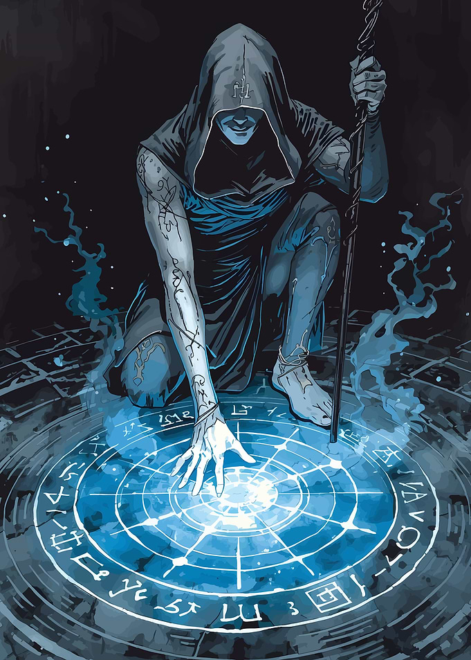 Hooded Mage Casting Blue Magic Spell