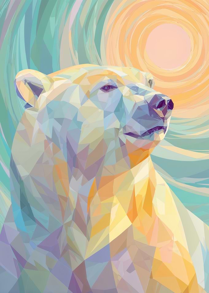 Pastel Low Poly Bear Beneath Golden Sun