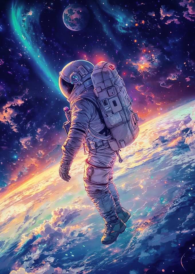 Astronaut Floating Above Vibrant Planet